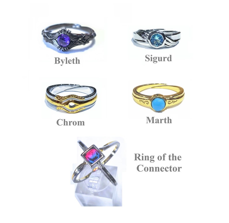 May include: A collection of rings with various designs and gemstones. The rings include a dark metal ring with a purple stone, a silver ring with a blue stone, a two-tone ring, a gold ring with a turquoise stone, and a silver ring with a square, multi-colored stone.