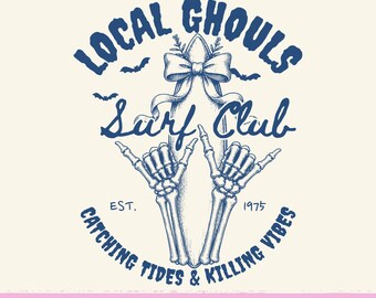 Local Ghouls Surf Club SVG, Summerween Coquette Bow Surfboard Spooky Clipart PNG