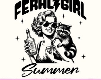 Ragazza selvaggia, procione estivo PNG, design retrò (download digitale)