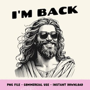 Puede incluir: Una ilustración en blanco y negro de un hombre con el pelo largo y barba que lleva gafas de sol. El texto "I'M BACK" está por encima de la cabeza del hombre.