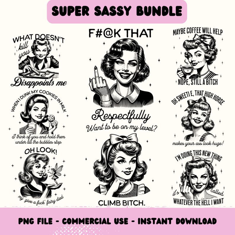 Sassy Retro Housewife PNG Bundle, Sarcastic Funny Women Sayings Sublimation Graphic image 1