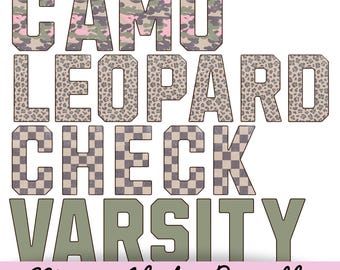 Mega Varsity Alphabet Bundle Png | Pink Camo | Leopard | Checkered | Army Green Alpha Bundle