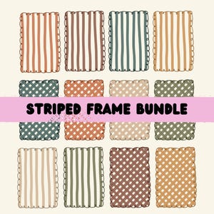 Peut inclure: Une collection de douze cadres rectangulaires avec divers motifs et couleurs. Les cadres comprennent des motifs à rayures et à carreaux dans des tons orange, marron, vert et beige. Le texte "STRIPED FRAME BUNDLE" est affiché au centre en noir.