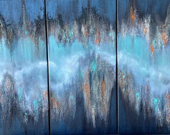 Originales abstraktes Triptychon | Blaues, strukturiertes Mixed-Media-Kunstwerk (10 x 14 Zoll)