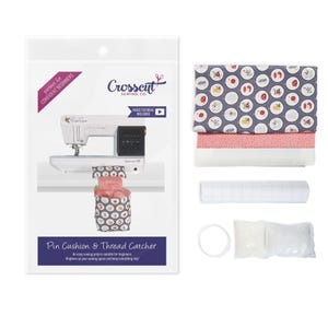 May include: A sewing kit for making a pin cushion and thread catcher. The kit includes fabric, interfacing, stuffing, and a video tutorial. The fabric features a blue and white pattern with red accents.