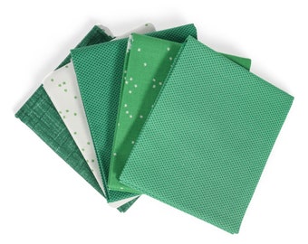 Green (5) Piece Fat Quarter Bundle - Curated Fat Quarters, Kelly Green Fabric, Emerald Green, Bright Green, Modern Green Fat Quarter Bundle