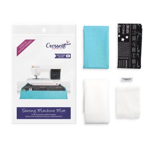 May include: A turquoise sewing machine mat with a black and white grid pattern. The mat is designed to brighten up a sewing space and keep essential tools handy. The mat is shown with a sewing machine, a turquoise fabric square, a black and white fabric square with sewing-themed text, and two white fabric squares.
