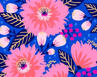 Dahlia Party Dark Blue Organic Canvas from Vibrant Blooms by Jess Phoenix for Paintbrush Studio Fabric - 1/2 Yard
