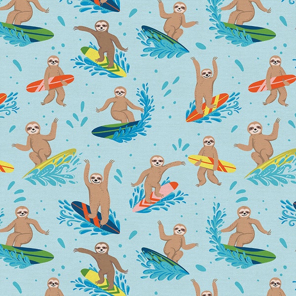 Surf's Up from Fun in the Sun by Caroline Alfreds for Paintbrush Studios - 1/2 Yard - Sloth Fabric, Surf Fabric, Sloths, Surfboards