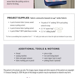 May include: A sewing pattern for a crossbody bag with a blue and pink plaid fabric exterior and a solid blue fabric lining. The pattern includes instructions for fabric amounts, tools, and notions needed to make the bag. The pattern is for private use only. The image includes the Crosscut Sewing Co. logo and website address.