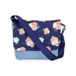 Messenger Bag Sewing Kit - Navy Floral with Chambray - Sewing Project Kit for Kid or Beginners