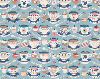 Time for Tea and Cake from Garden Party by Sue Gibbins for Felicity Fabrics, 1/2 Yard, Tea Cup Fabric, Fabric with Cake, Coffee Fabric
