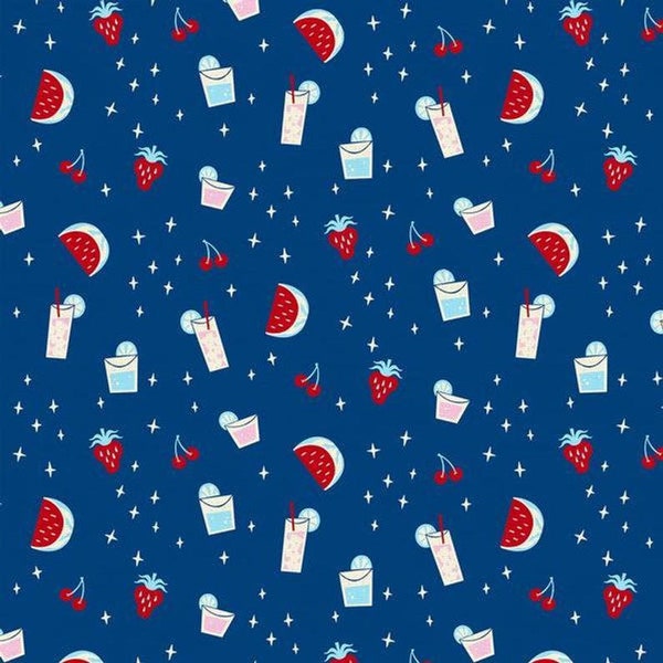 Party Beverages Blue from BBQ Block Party by Austin Chapman for Paintbrush Studios - 1/2 Yard