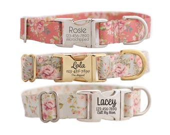 Personalized Dog Collar Vintage Roses Floral Dog Collar for Girls
