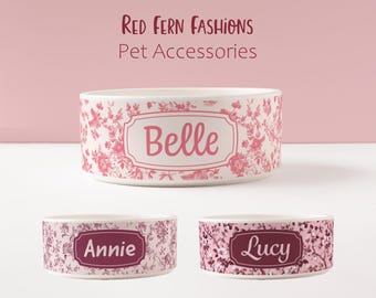 Personalized Pink Floral Ceramic Dog Bowl – Custom Pet Food or Water Dish