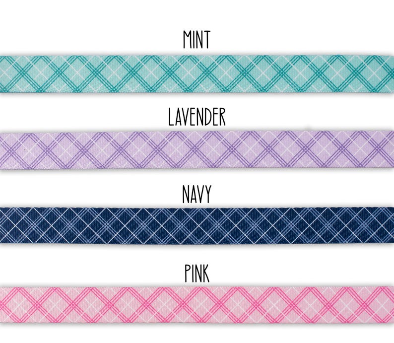 May include: Four fabric ribbon samples in different colors and patterns. The colors are mint, lavender, navy, and pink. Each ribbon has a plaid pattern.