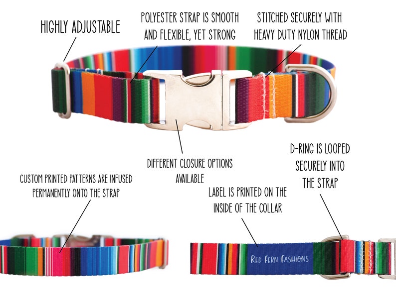 Op de afbeelding: Een kleurrijk gestreept hondenhalsband met een zilveren gesp en een D-ring. De halsband is verstelbaar en heeft een label dat aan de binnenkant van de halsband is gedrukt. De tekst "Red Fern Fashions" is op de halsband gedrukt.