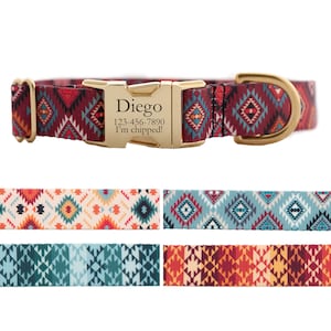 May include: A red, blue, and white patterned dog collar with a gold buckle and a personalized name tag that reads "Diego 123-456-7890 I'm chipped!"