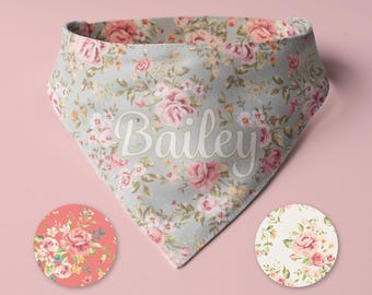 Personalized Dog Bandana Floral Rose Bandana with Name Custom Pet Scarf for Girls Elastic Bandana Pink Apparel Dog Clothing Accessory Spring