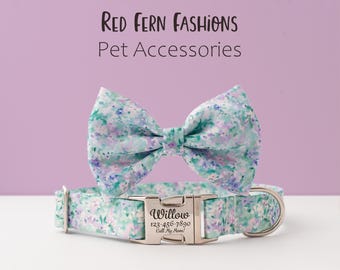 Matching Dog Collar & Bow Set – Pastel Watercolor Floral – Personalized Engraved ID – Collar, Bow, or Set