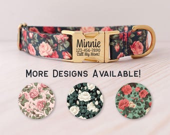 Rose Print Personalized Dog Collar for Girls Engraved ID Buckle White Red and Pink Rose Floral Pet Collar for Valentine's Day