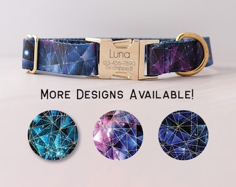Galaxy Dog Collar Personalized Space Collar Dog ID Tag Buckle Engraved Constellation Dog Collar Purple Blue Green Collar Crystal Galaxy