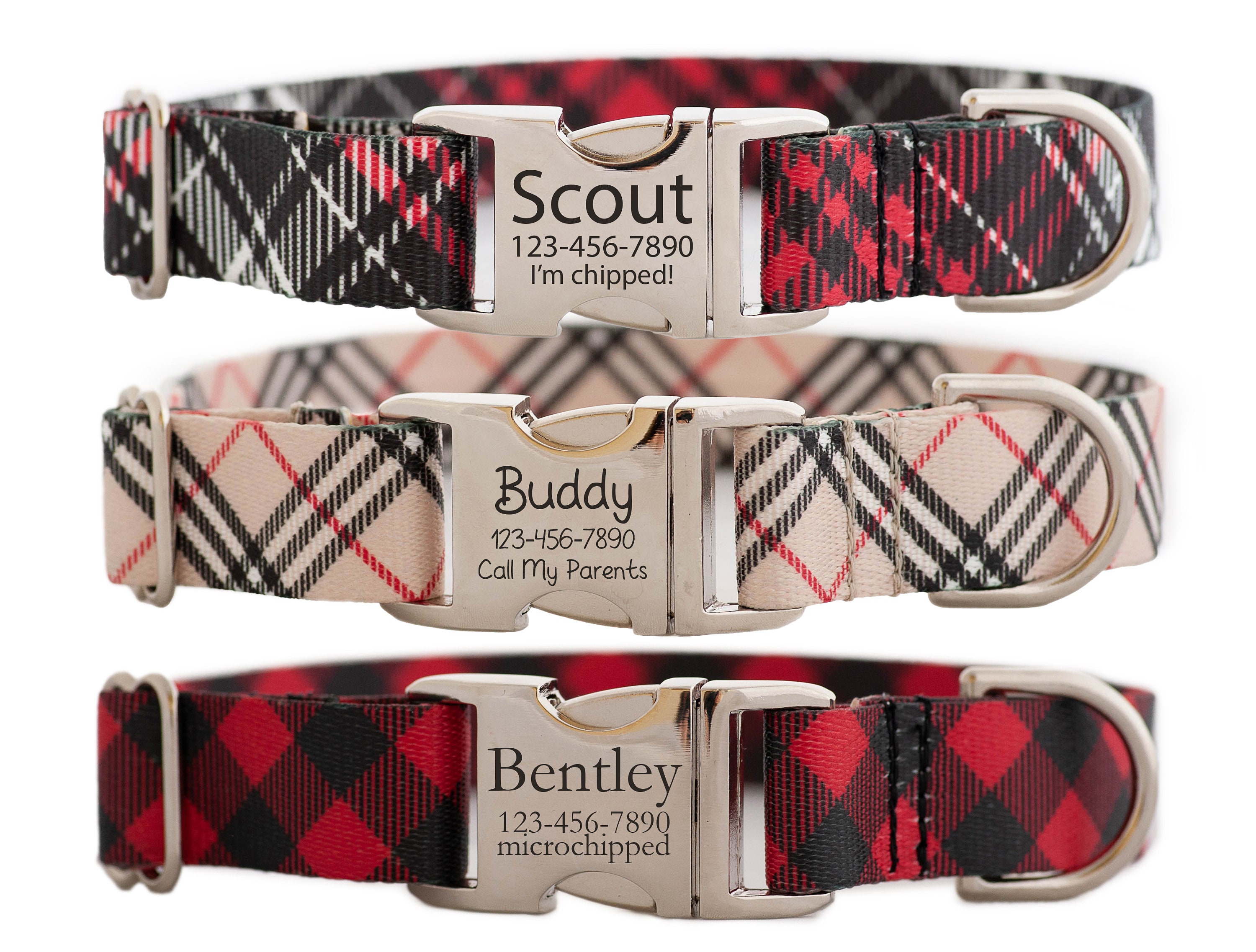 Personalized Tartan Plaid Dog Collar in Red, Black, and Beige