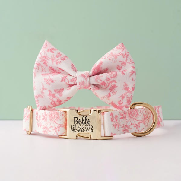Personalized Dog Collar and Bow Tie for Girls Laser Engraved ID Tag Buckle Pink Toile Floral Collar Feminine Valentine's Day Collar
