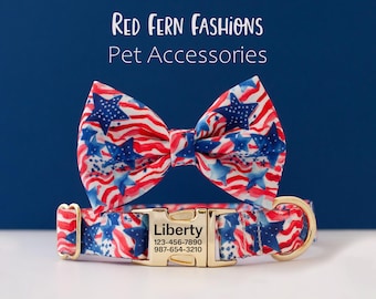 Patriotic American Flag Dog Collar with Bow Tie, Personalized Dog Collar, Red White Blue Stars Stripes, 4th of July Dog Accessory