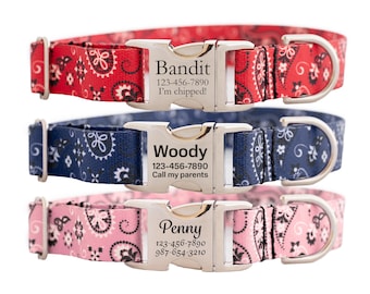 Collar para perro con bandana occidental personalizado en rojo, azul marino y rosa