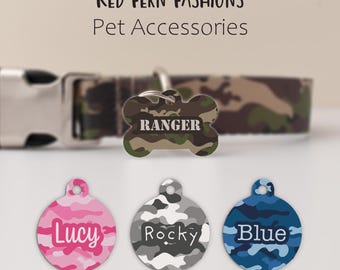 Personalized Camo Dog Tag Double-Sided, Custom Camouflage Pet ID Tag and Collar Set, Matching Dog Collar, Military Style Pet Accessory