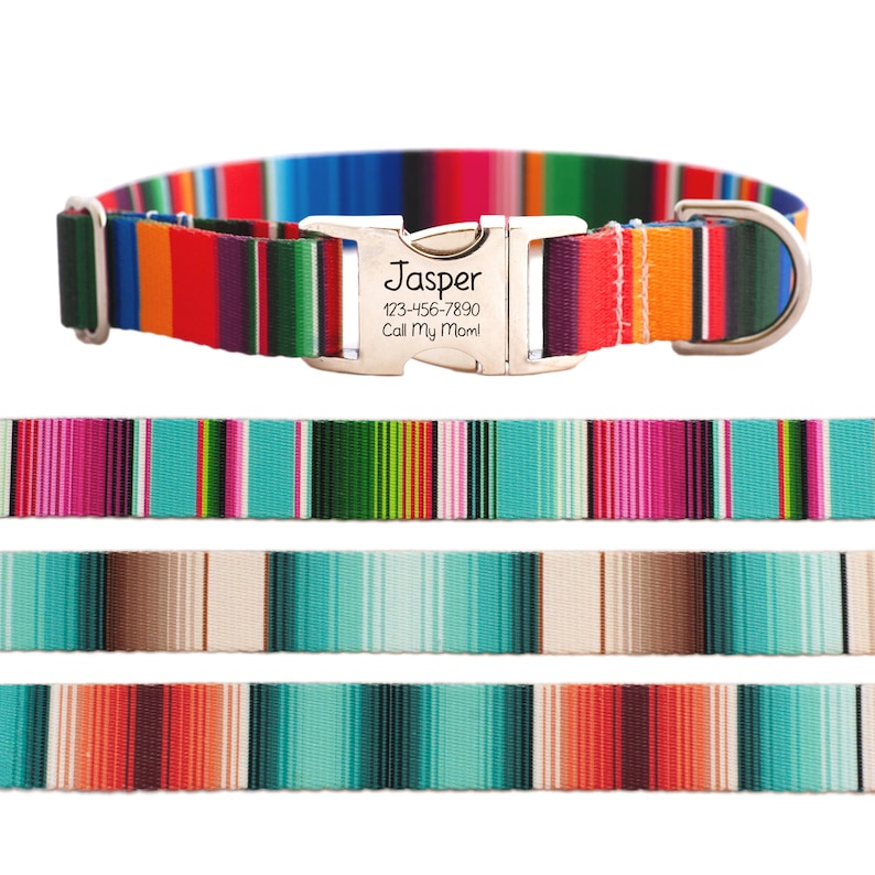 Op de afbeelding: Een kleurrijk gestreept hondenhalsband met een zilveren gesp. De gesp is gegraveerd met de naam "Jasper", een telefoonnummer en de tekst "Call My Mom!"