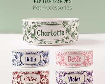 Personalized Floral Ceramic Dog Bowl – Custom Toile Pet Bowl in 5 Color Options