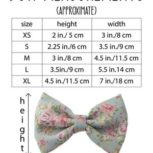 May include: A floral patterned bow in shades of pink and green, with a chart displaying bow measurements. The chart shows sizes XS to XL, with heights ranging from 2 inches to 4.5 inches and widths from 3 inches to 7 inches.