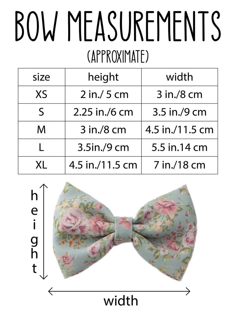 May include: A floral patterned bow in shades of pink and green, with a chart displaying bow measurements. The chart shows sizes XS to XL, with heights ranging from 2 inches to 4.5 inches and widths from 3 inches to 7 inches.