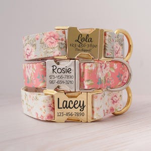 Personalized Dog Collar Rose Floral Print Pet Collar for Girls Engraved ID Tag Buckle Collar Pretty Pink Flower Collar Spring Puppy Collar