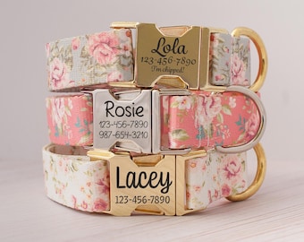 Personalized Dog Collar Rose Floral Print Pet Collar for Girls Engraved ID Tag Buckle Collar Pretty Pink Flower Collar Spring Puppy Collar