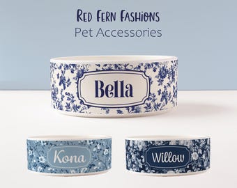 Personalized Blue Floral Ceramic Dog Bowl – Custom Toile Pet Food or Water Dish