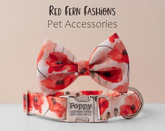 Personalized Poppy Dog Collar with Matching Bow for Girls, Spring and Summer Floral Set, August Birth Month Flower