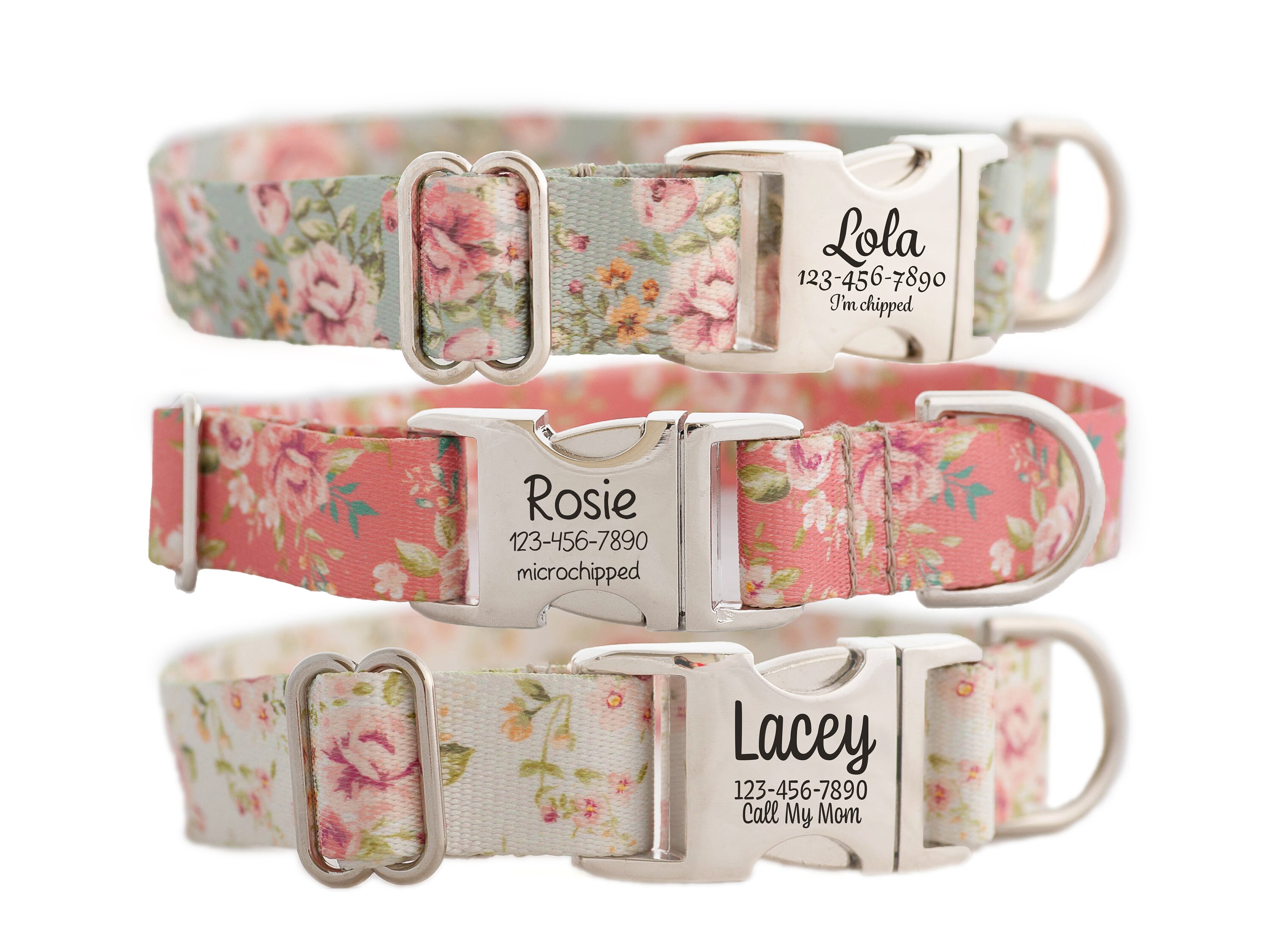 Vintage Roses Personalized Dog Collar for Girls