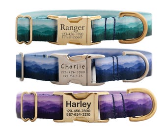 Personalized Mountain Landscape Dog Collar in Teal, Blue, and Purple