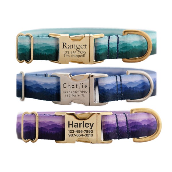 Personalized Mountain Landscape Dog Collar in Teal, Blue, and Purple