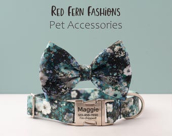Navy Blue Floral Dog Collar with Matching Bow, Personalized Collar Bowtie Set for Girls