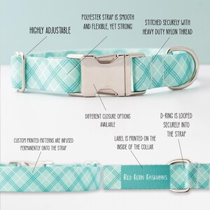 May include: A light blue and white patterned dog collar with a silver buckle and a D-ring. The collar is adjustable and has a label that says "Red Fern Fashions" printed on the inside.