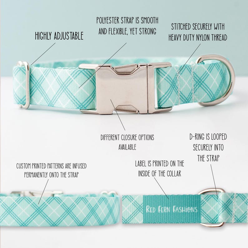 May include: A light blue and white patterned dog collar with a silver buckle and a D-ring. The collar is adjustable and has a label that says "Red Fern Fashions" printed on the inside.