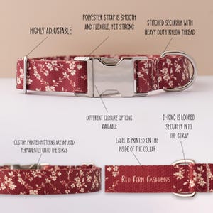Puede incluir: Un collar de perro rojo y blanco con flores, con una hebilla plateada y un anillo en D. El collar es ajustable y tiene una etiqueta impresa en el interior del collar que dice "Red Fern Fashions".