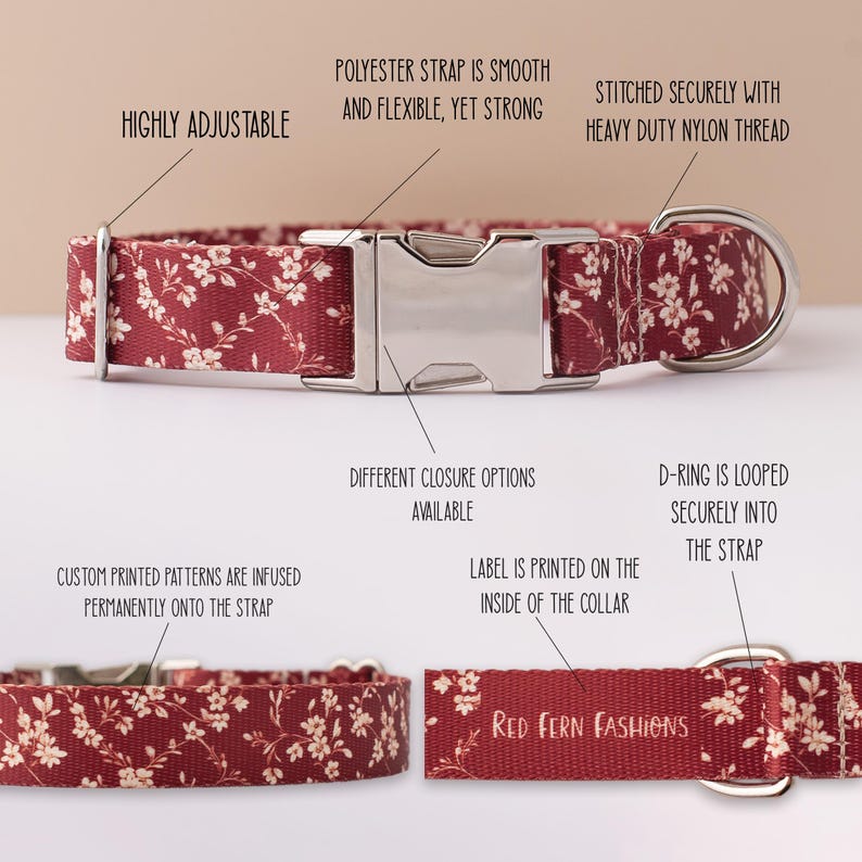 Puede incluir: Un collar de perro rojo y blanco con flores, con una hebilla plateada y un anillo en D. El collar es ajustable y tiene una etiqueta impresa en el interior del collar que dice "Red Fern Fashions".