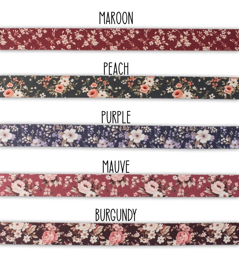 Puede incluir: Cinco muestras de cinta con estampado floral en diferentes colores: granate, melocot&oacute;n, morado, malva y burdeos.