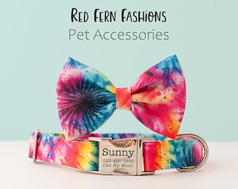 Rainbow Tie Dye Dog Collar & Bow – Personalized Engraved Retro Pet Collar
