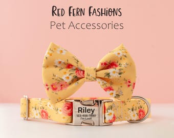 Personalized Yellow Floral Dog Collar with Matching Bow – Custom Engraved Pet Collar for Girls
